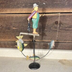 Authentic Model Nautical Fly Fisherman Teeter Totter Metal Balance Folk Art 0299